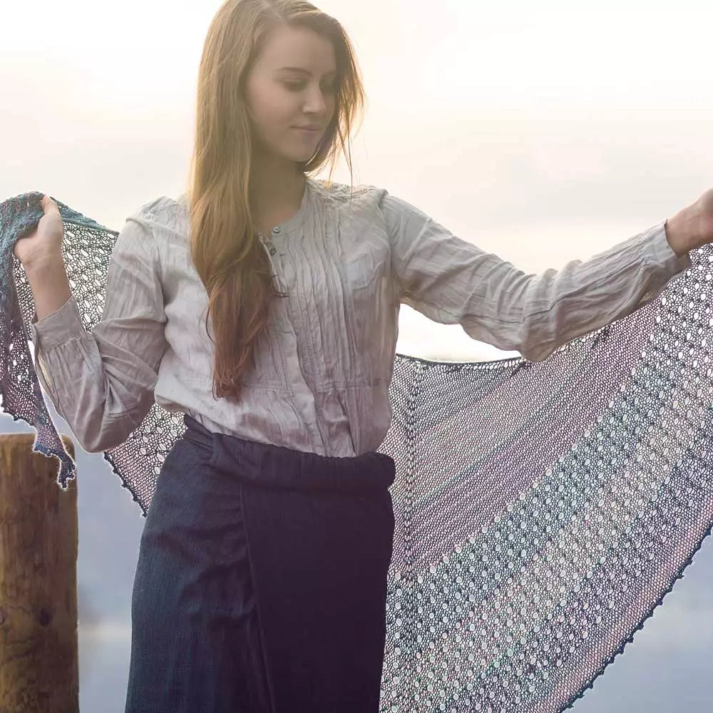 Kelso Shawl kit by Helen Stewart and featuring The Fibre Co. yarn, Road to China Light.