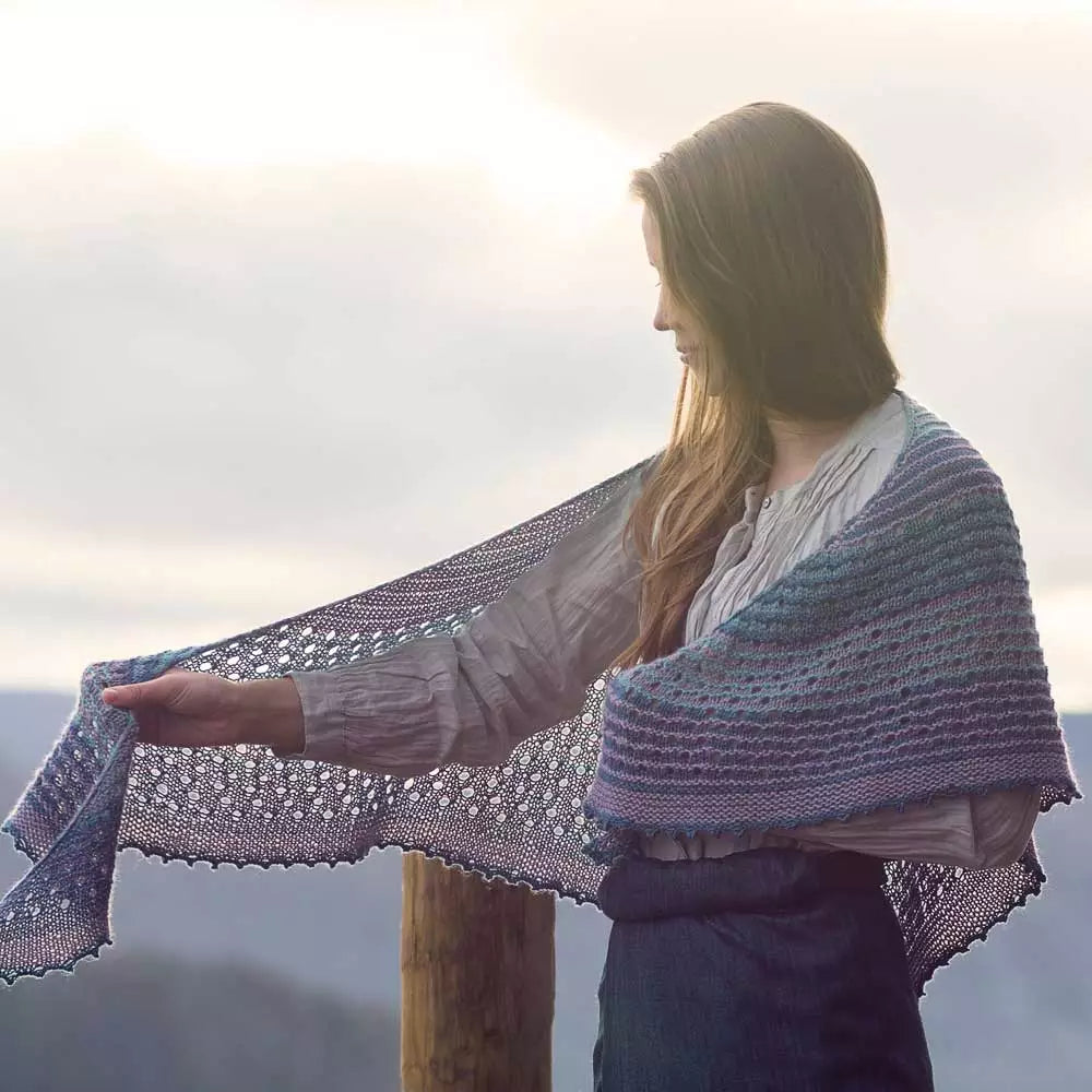 Kelso Shawl kit by Helen Stewart and featuring The Fibre Co. yarn, Road to China Light.
