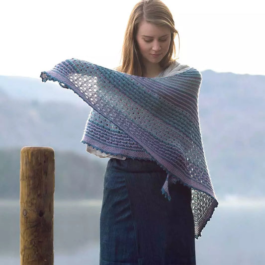 Kelso Shawl kit by Helen Stewart and featuring The Fibre Co. yarn, Road to China Light.