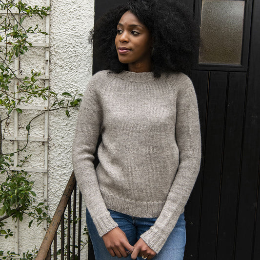 Joy wearing a One Sweater in The Fibre Co. Cumbria shade Scafell Pike